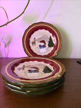 St. Nicholas Square Happy Trails Holiday Cowboy Snowman Salad Plates.